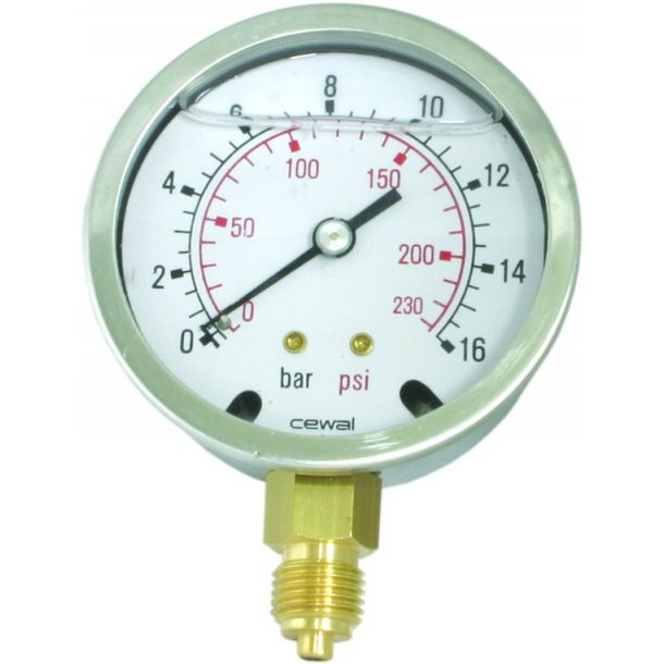 Manometer Ø50 1/4 tums 10 bar bakåtvänd koppling, glycerin Rent